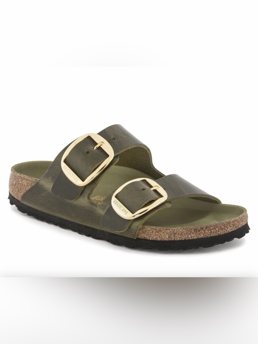 Birkenstock Olive Green Leather ARIZONA Sandals Gold BIG Buckle Size 38 NEW!